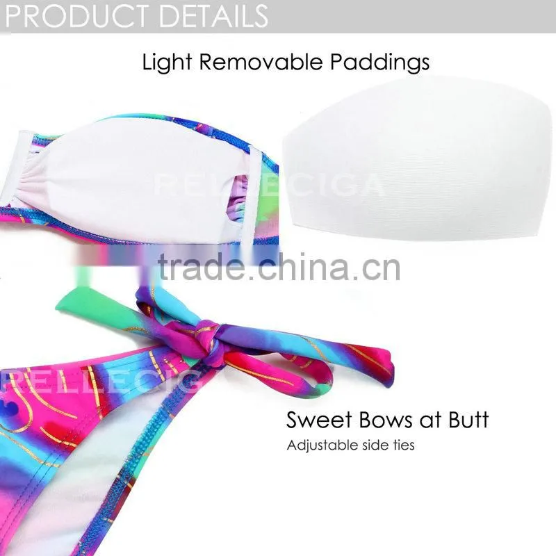 RELLECIGA 2016 New Sexy Abstract Foil Pattern V Wire Bandeau Bikini Swimsuit