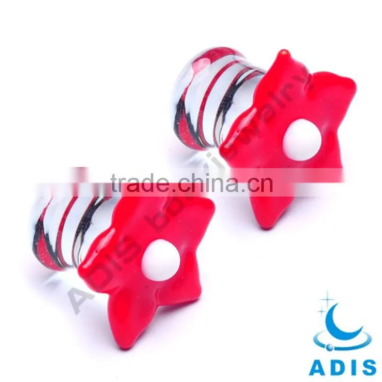 Cute Pretty Girls Red Flower Shape Tranparent Glass Ear Plugs
