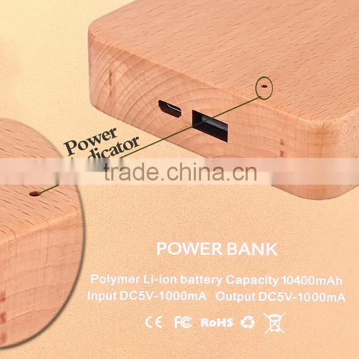 2015 Newest top quality polymer battery 10400mah reusable wood power bank