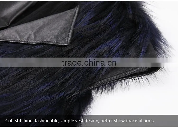 Hot sale dark blue sliver fox fur vest with leather vest