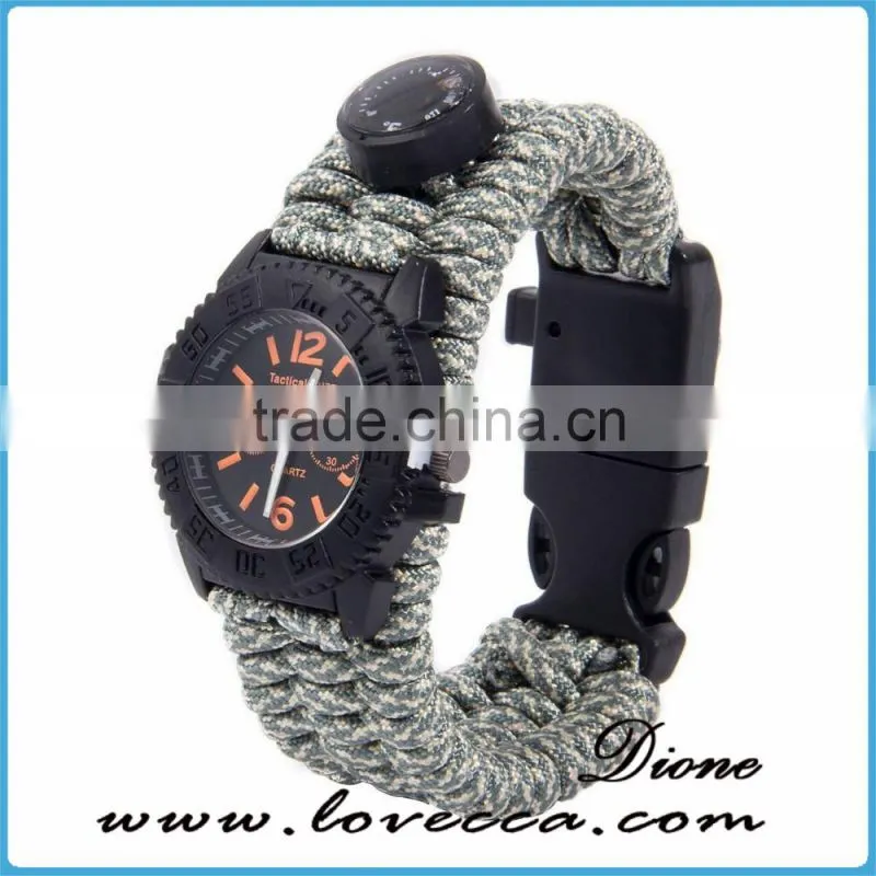 Multifuctional Paracord survival Watch with Compass Whistle Fire Starter Watchband Bracelet Outdoor Activities Tool