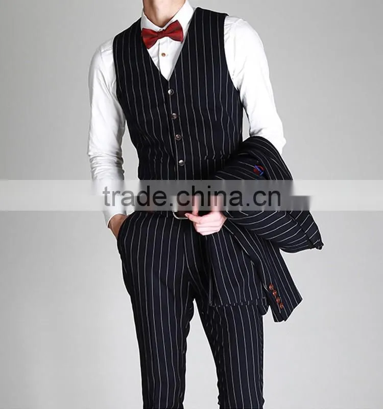 2017 latest design 3 pieces suits with long blazer waistcoat and pants dark blue stripe suite made in china