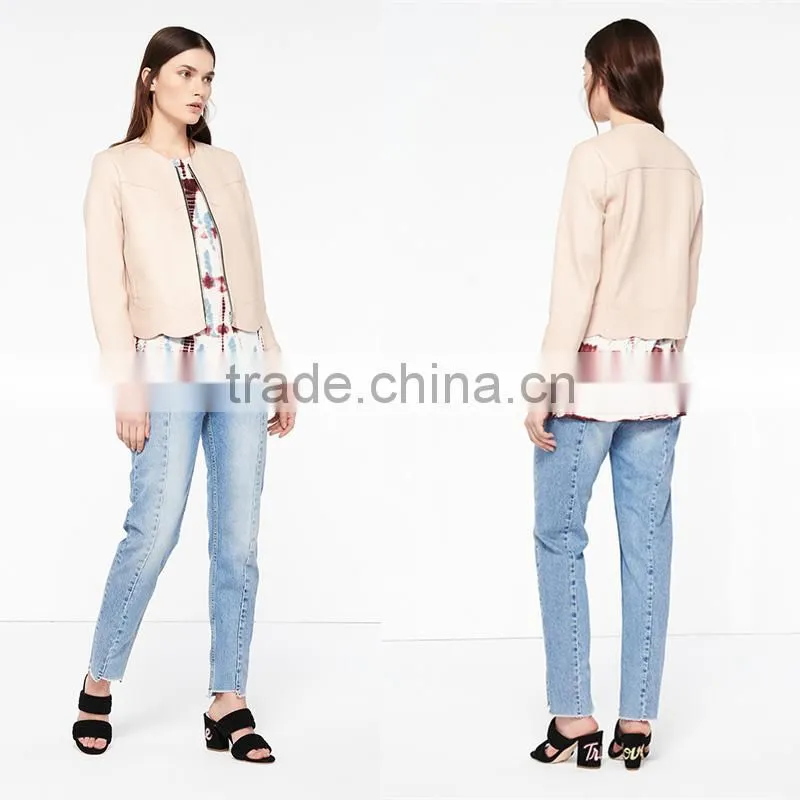 2017 newest simple style round neck wavy hem short leather jacket women