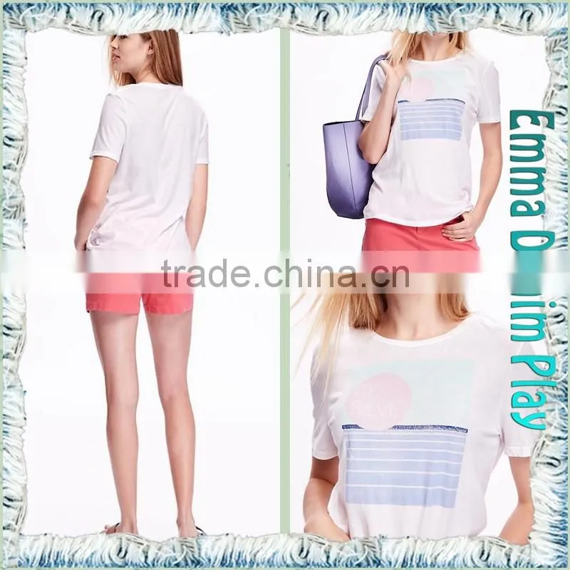 2016 Manufacturers China Ladies Sexy White Silk Printed Scoop Neck Cotton Tee Shirts