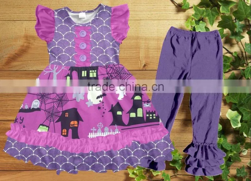 2017 Halloween style children girls outfits long sleeve frock clothing manufacturer cotton knitted kid girl clothing sets
