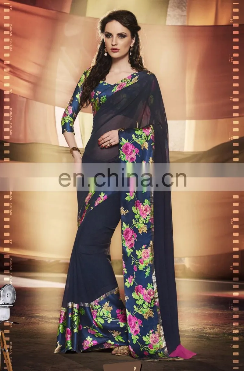Orange Colored Georgette Satin Printed Saree