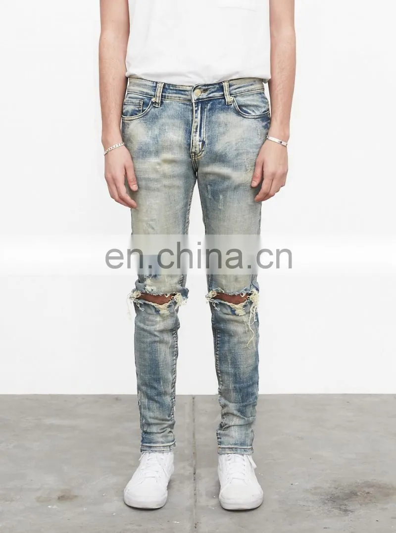 DiZNEW OEM custom USA 98%cotton skinny blue ripped jeans men