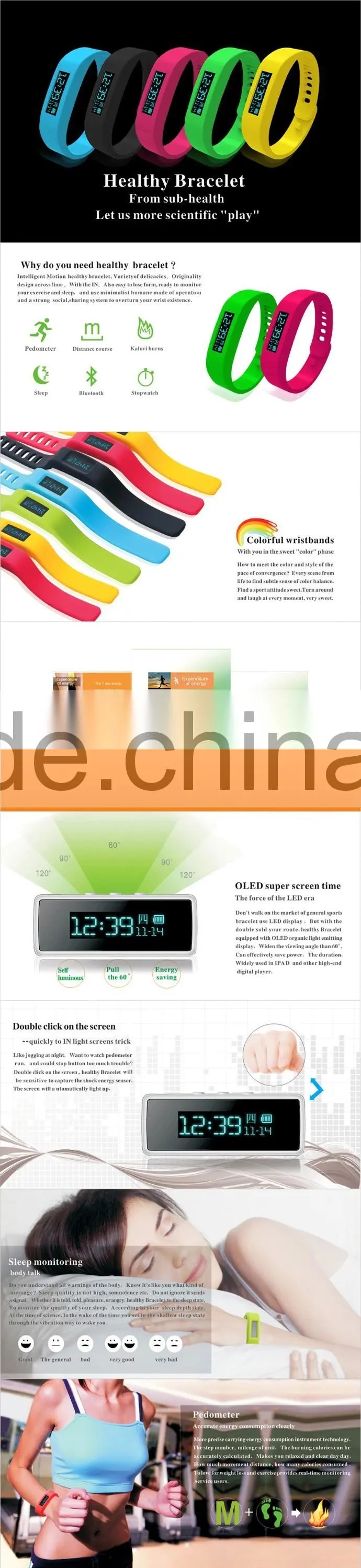 Pedometer Sleeping monitor date&time colorie bluetooth LC- SH01 Smart Bracelet