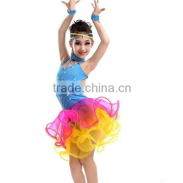 High level kids professional competition latin dance costume for girls Bright drill tassel Latin dance skirt