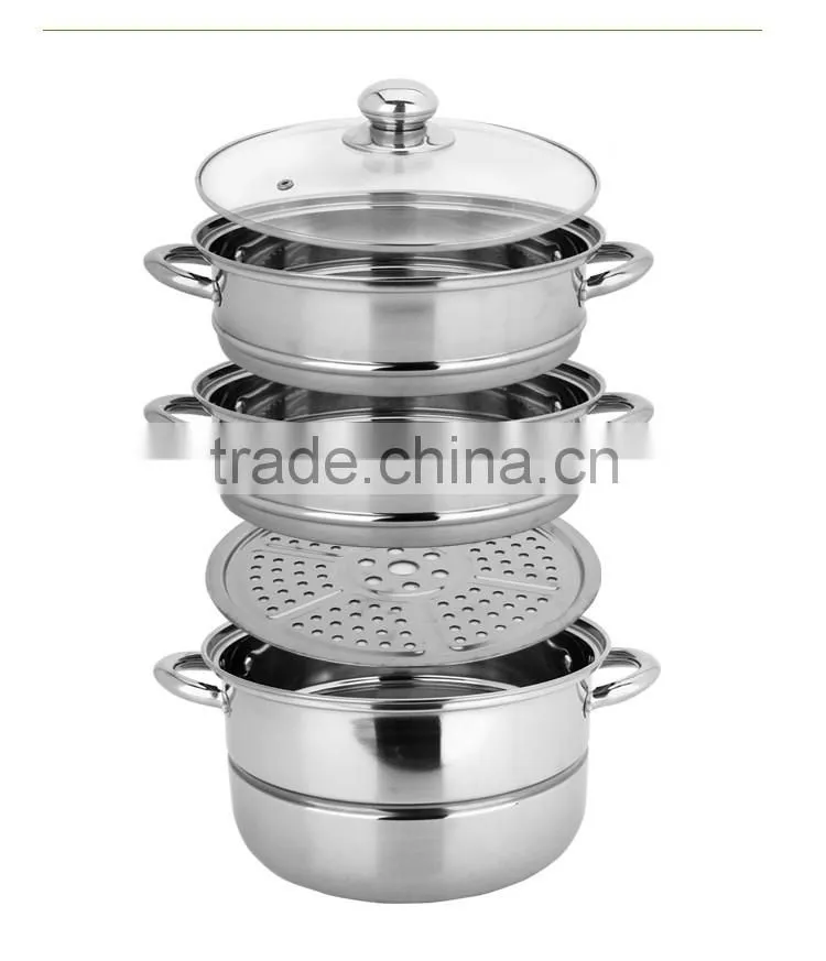 stainless steel capsule bottom 3layers high steamer pot with glass lid/ kitchen cookware