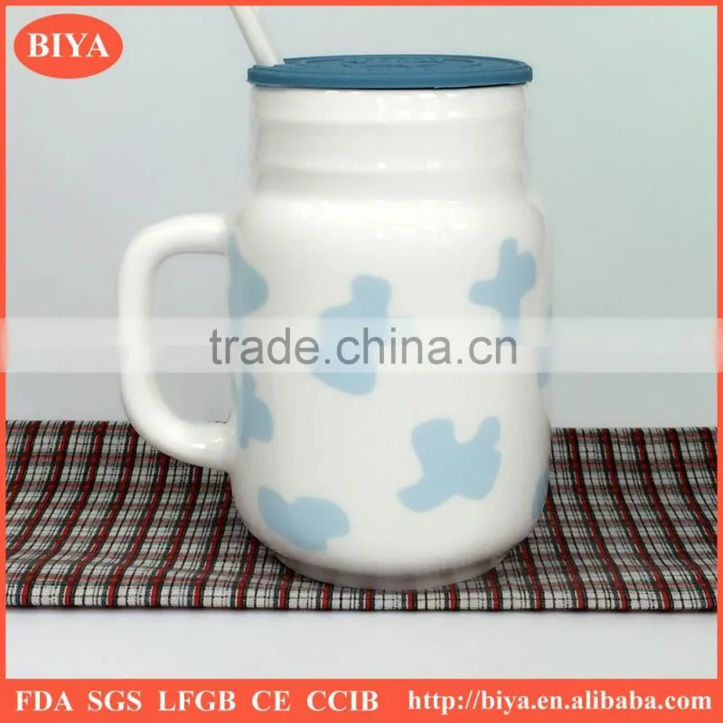 milk mug for kid breakfast mug with silicone lid and ceramic spoon for wholesale with logo decal print and handle