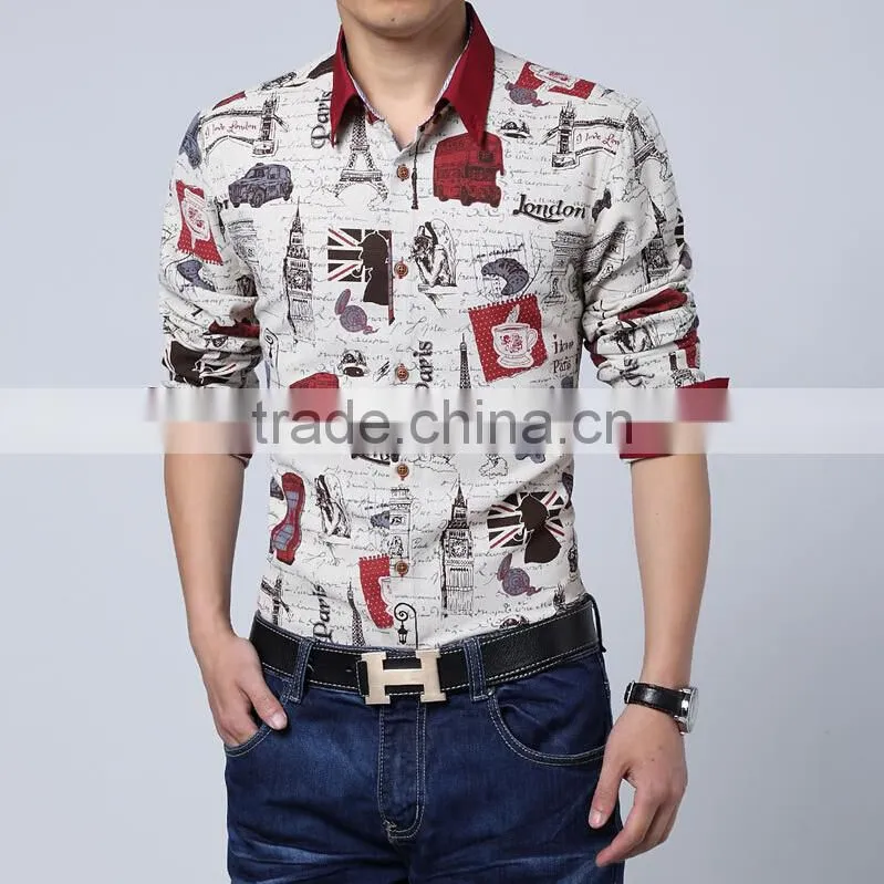 American Special Printed Red Collar Long Sleeve Shirt