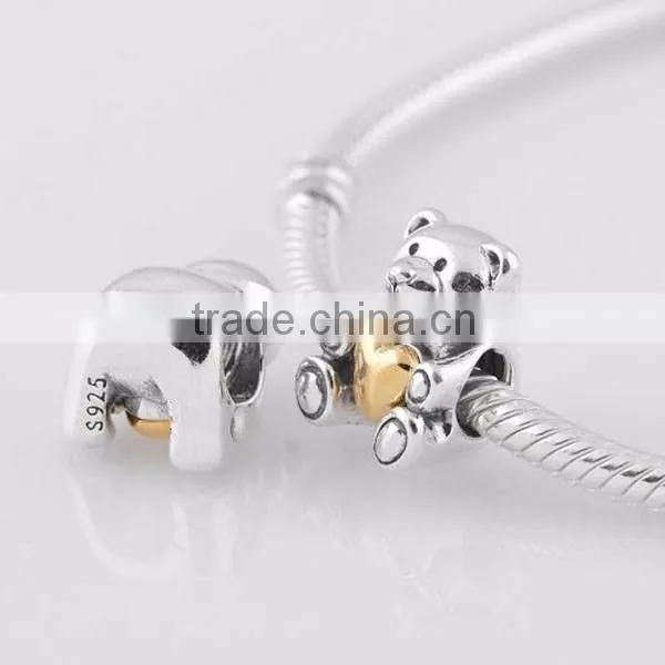 Teddy Bear with Golden Heart 925 Sterling Silver Screw Charm Bead DIY making