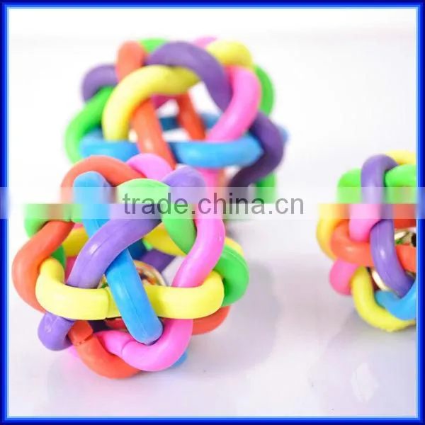 Colorful rainbow soft rubber dog chew bell ball, TPR woven teeth-cleaning pet toy chew bell ball