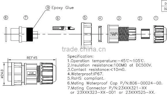 Middle 12pin waterpoof connector, Chogori hight quality male connector, IP67 watertight connector