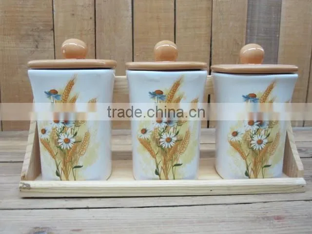 Wheat and Dasiy Decal Ceramic Tea Coffee Sugar canister Set with Wooden Stand