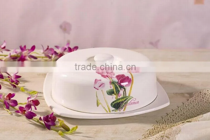 Hot Selling Red Rose Decal Ceramic Butter Dish with Lid