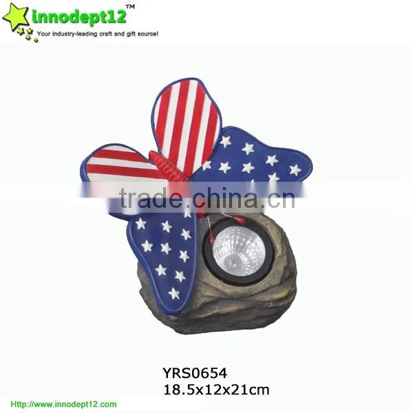 US flag scene solar powered garden butterfly with stone lights ,welcome to my garden