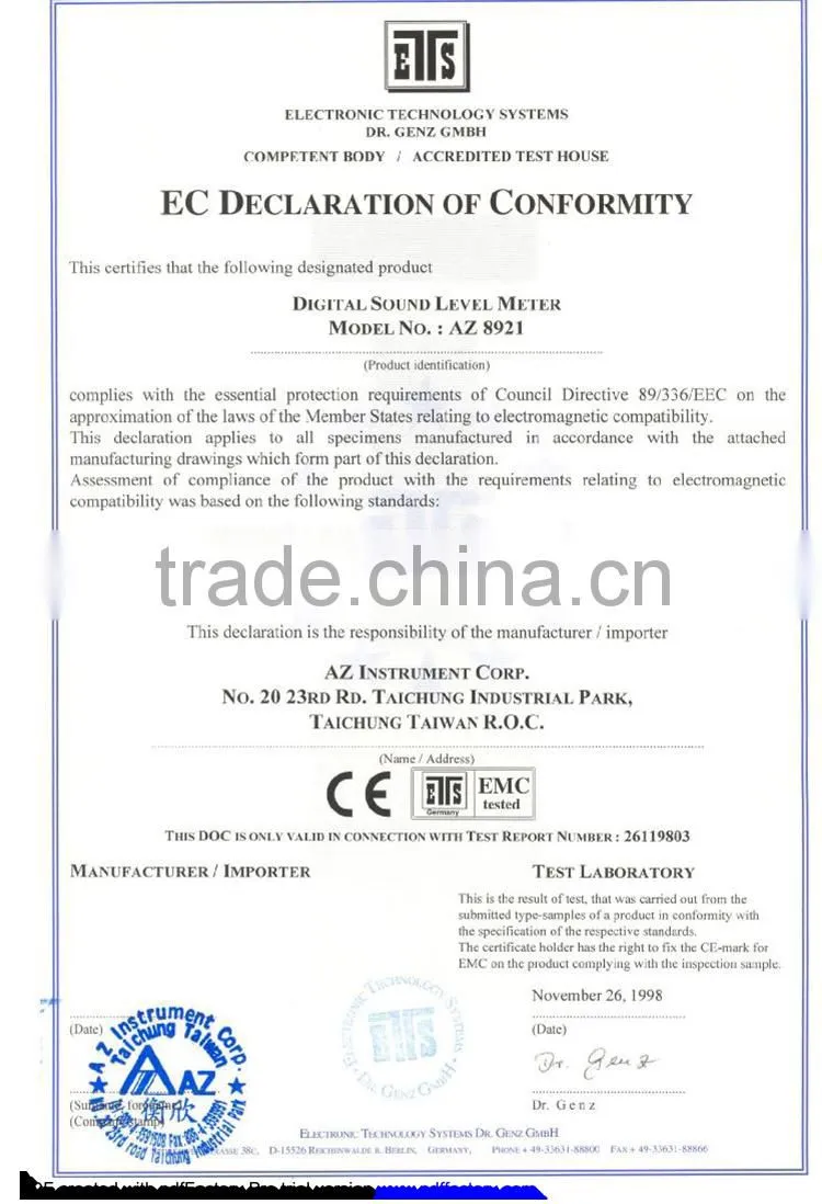 AZ-8921 Noise Quality Measure Meter Meet IEC60651 2 Class Standard Sound Level Meter