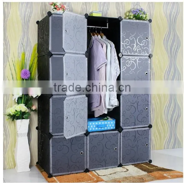 12 cubes Black pattern Plastic storage cabinet with clothes pole
