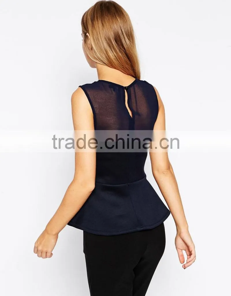 New design Crew neckline Peplum Top with Mixed Fabric