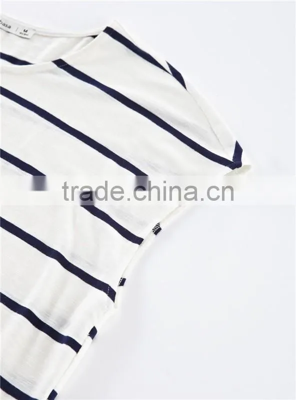 European American style leisure loose knitting minimalism round collar short sleeve stripe T-shirt