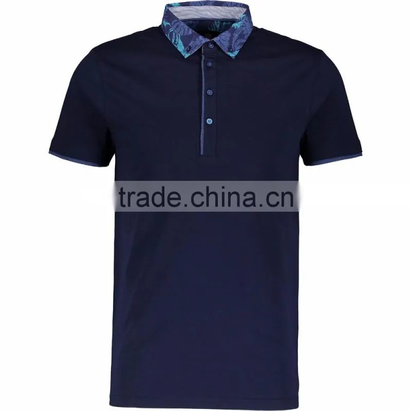 Male's Navy Pure Cotton Slim Fitted Polo Shirt with Patterned Collar