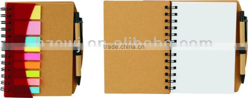 Kraft cover recycled notebook with sticky notes&flags with pinchcock 70grams 40sheets 19.5*11cm