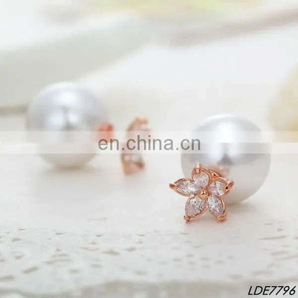Gold ear tops designs hot wholesale chic gold delicate diamante flower bridesmaid wedding double sided pearl stud earrings