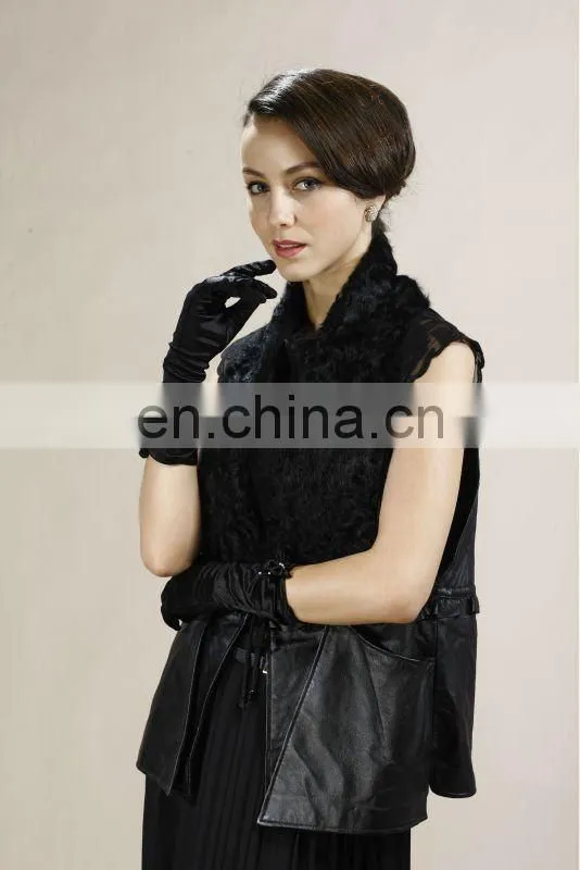 Black Lamb Fur Fashion Women Gilet With Real Lamb Lether Trim New Fashion Women Real Fur Gilet STY.NO. 5003#
