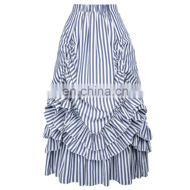Belle Poque Retro Vintage Gothic Style Blue & White Stripes Bustle Skirt BP000354-2