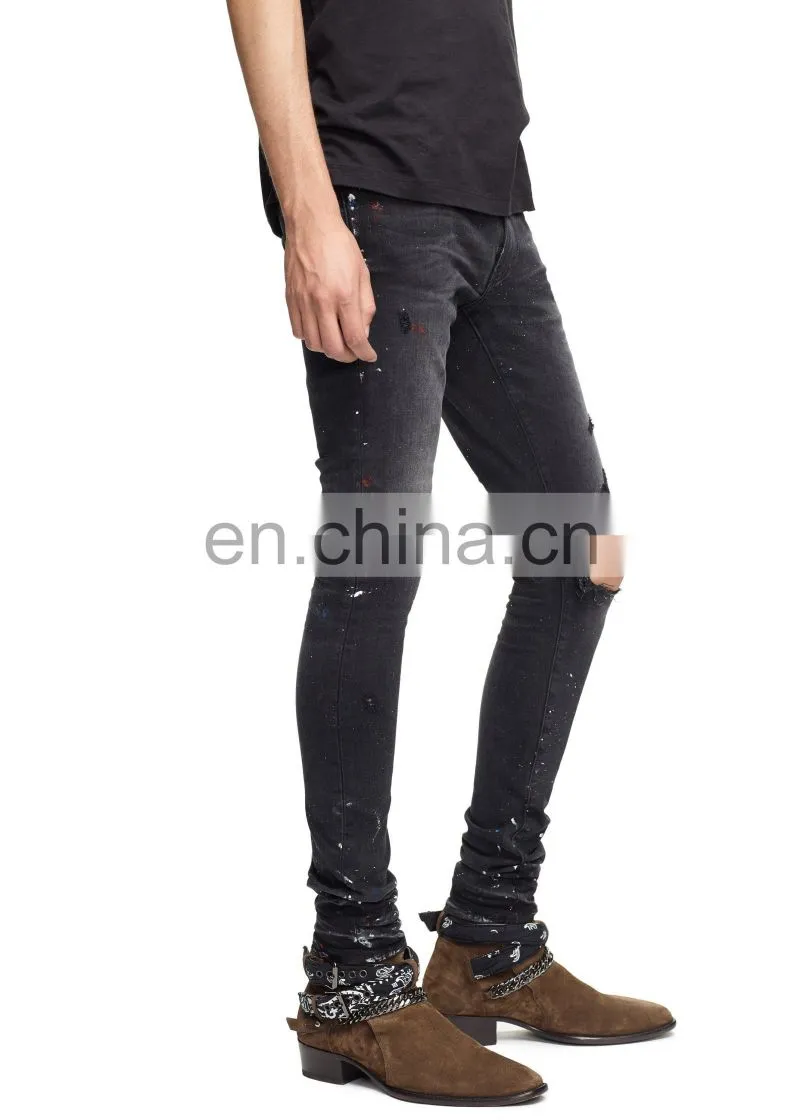 DiZNEW Guangdong Factory Black Broken Paint Splashed Jeans For Men