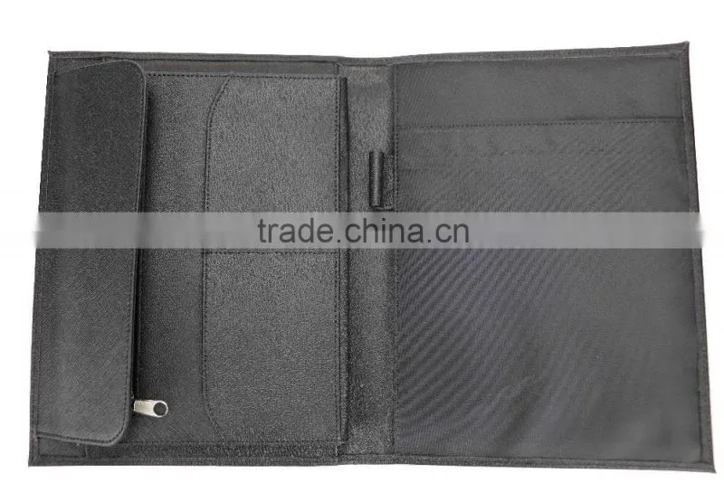 Wholesale High Quality Custom Black Color Genuine Saffiano Leather Office File Bag Document Folder Notebook
