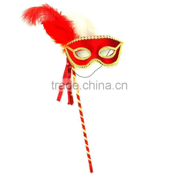 Pink Long Feather Stick Masquerade Masks