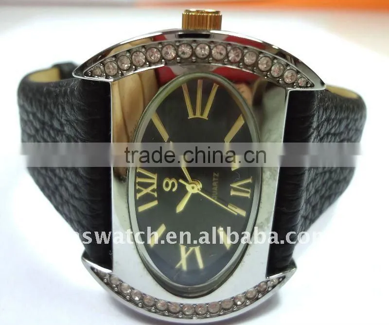 arch glass leather diamonds watch