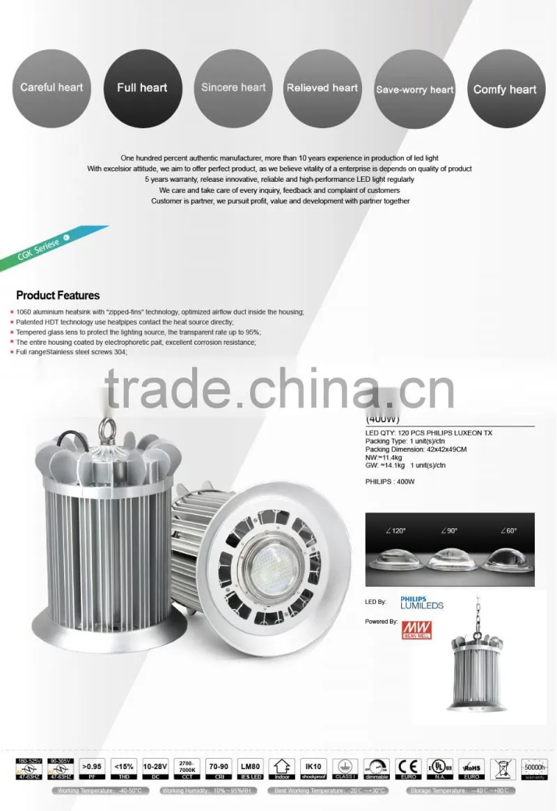 5 Years Warranty Copper Heat Pipe Design 2016 CE Rohs Approved Meanwell Driver 400W LED High Bay Light Fixture