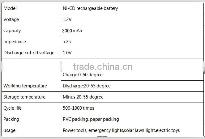 Ni-CD 1.2v rechargeable batteryC 3000mAh
