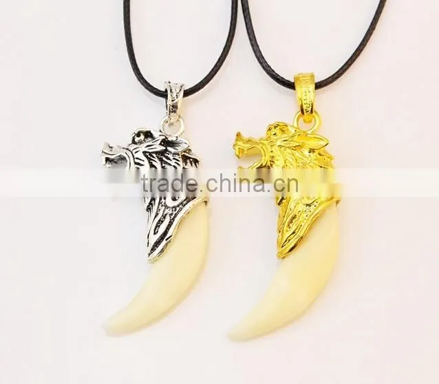Retro Cool Men's Charm Choker Wolf Tooth Pendant Genuine Leather Alloy Necklace