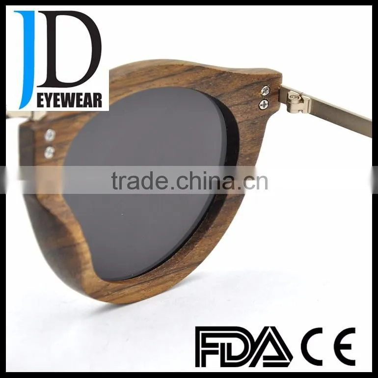 Hipster style old color natural solid wood round sunglasses with blue lens