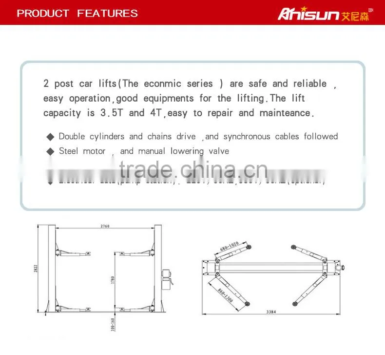 4 ton hydraulic two column car lift with manual lock, good price