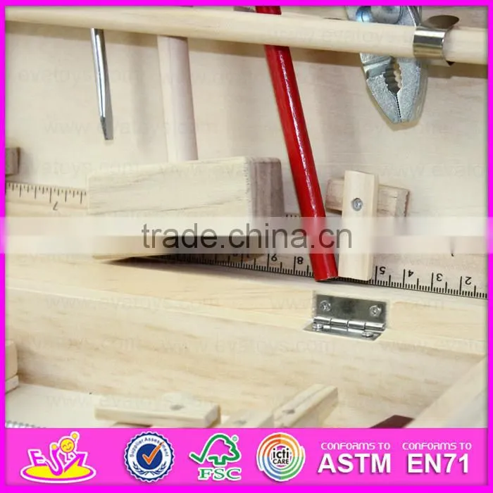 2015 Stock interesting kid wooden tool box toy,Funny play wooden toy tool box toy,Best sale wooden Workbench Tool Toy W03D021-A1