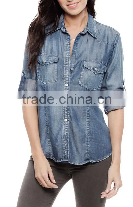 2015 Fitted button down girl's fashion jeans shirt OEM service wholesale new luxury Casual Shirt Slim Fit Stylish Dress Shirts