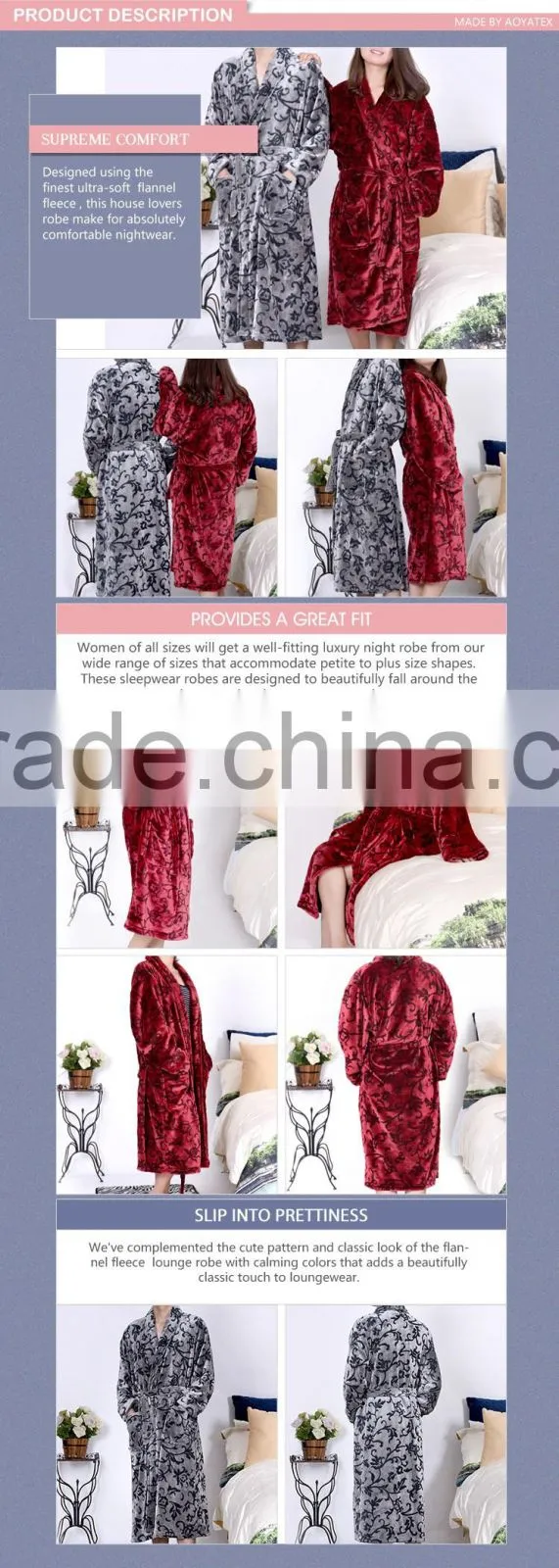 Hot selling minky collar soft flannel fleece long bathrobe gown