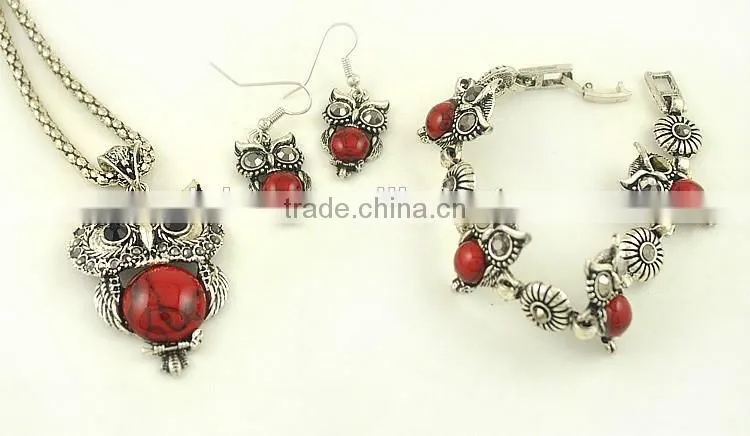 Top Green Red Blue Turquoise CZ Owl Necklace Bracelet Earrings Vintage Silver Jewelry Set