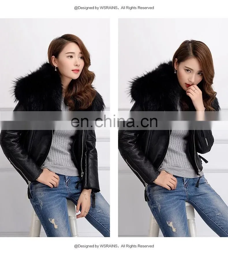 2017 High Quality Large Fluffy Real Raccoon Fur Collar Jacket Coat Lady Winter Sheepskin Genuine Sheep Leather Jacket Women
