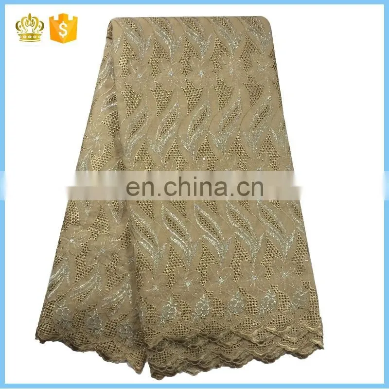 Hot selling swiss voile lace fabric, 100% cotton lace, Embroidery lace fabric with stones for wedding dress F15121112