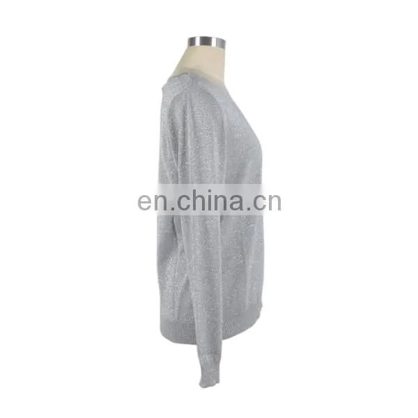 2016 Comfortable V-Neck Casual Cotton Soft Knit Womens Sweaters Mix Metal Yarn Ladies Garment