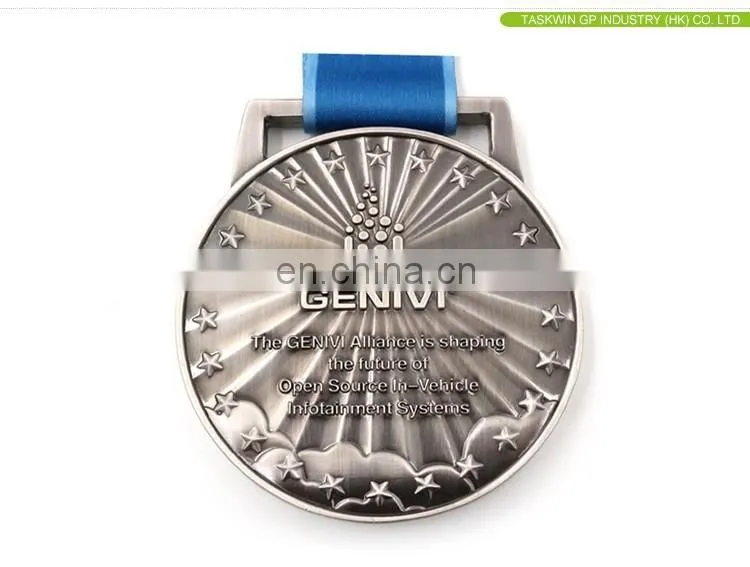 Custom silver plated metal medal with ribbon drape