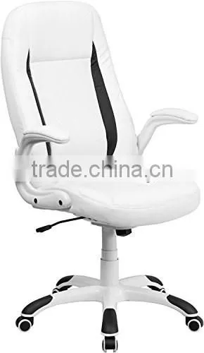 High Back White Leather Executive Swivel Office Chair with Flip-Up Arms