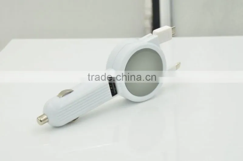 New design protable 3.1A car battery charger with double retractable built-in cable for iphone/samsung/Type-C/htc/blackberry